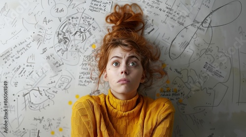 A woman with red hair, looking worried, lies on a whiteboard covered with chaotic notes and drawings.