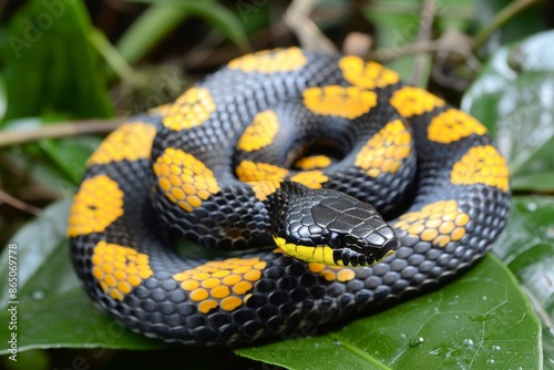 A venomous snake with striking black and yellow colors resting on a vibrant green leaf, A venomous snake with striking black and yellow stripes