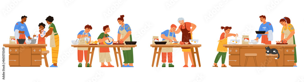 Families cooking together flat vector illustrations set isolated on white. Parents and grandparents preparing food together with children. Families cooking together flat vector illustrations set isolated on white. Parents and grandparents preparing food together with children.