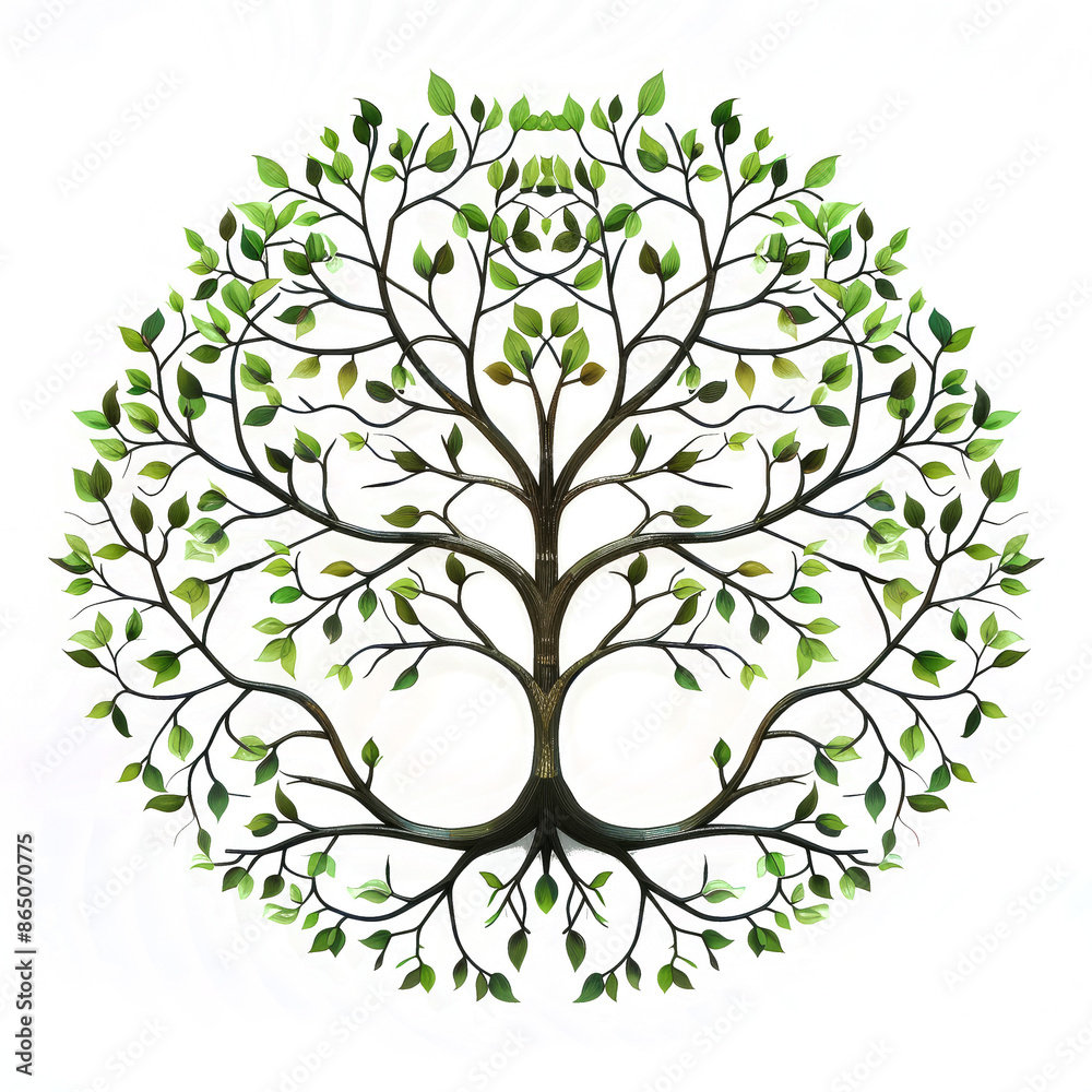 Obraz premium Nature's Mandala: A circular design featuring concentric tree shapes, leaves, and branches, resembling a mandala.