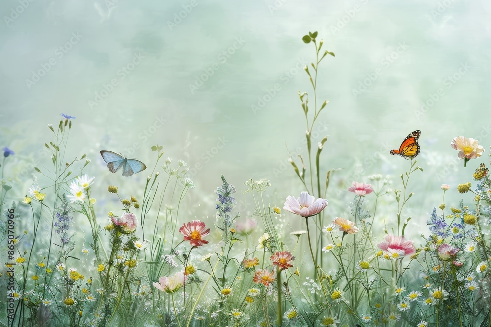 Fototapeta premium A painting featuring a colorful field filled with vibrant wildflowers and fluttering butterflies, A verdant meadow with wildflowers and butterflies on a soft green backdrop