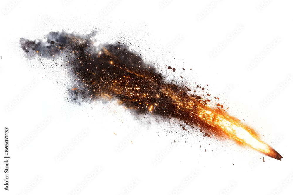 A dramatic meteor shower with massive bursts of light and energy on a stark white background A dramatic meteor shower with massive bursts of light and energy on a stark white background