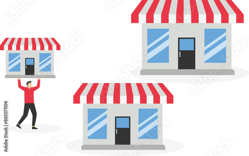 develop business and improve shop. property investment business. add and multiply store branches. franchise business. An entrepreneur is happy because he has many businesses. illustration concept

