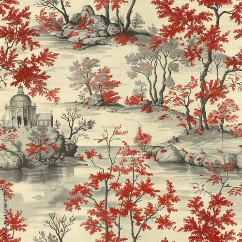 The image is a chinoiserie pattern with red trees and a pagoda. photo