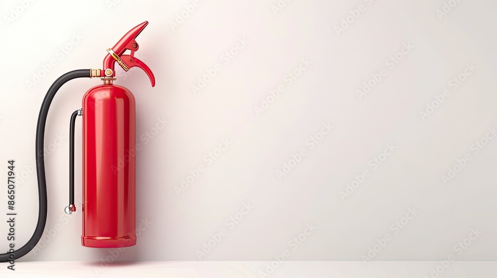 Two fire extinguishers stand side by side against a white wall. A potted green plant is to the right Two fire extinguishers stand side by side against a white wall. A potted green plant is to the right