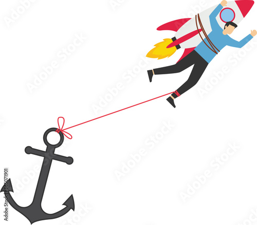 Rocket taking off is chained to anchor holding onto the falling chart. Economic crisis prevents successful launch of business projects. Failed startup. No profit, business failure. Flat vector illustr