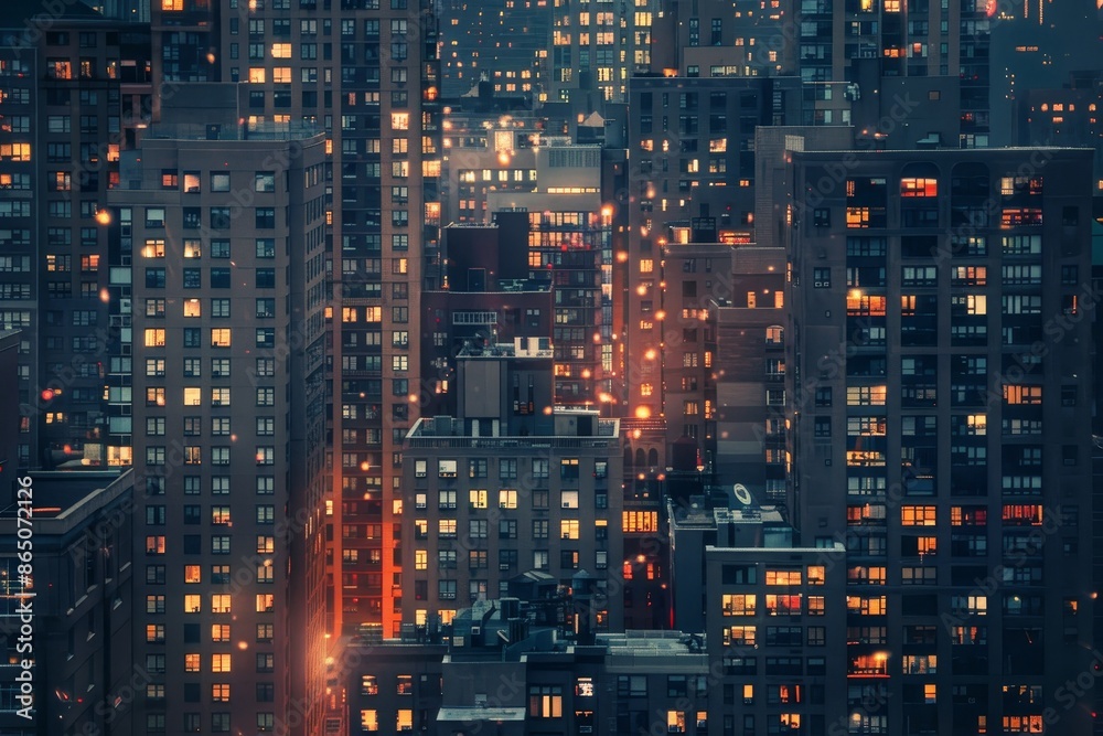 A cityscape at night seen from the top of a skyscraper, with illuminated buildings and streets below, A vertical cityscape filled with windows and lights A cityscape at night seen from the top of a skyscraper, with illuminated buildings and streets below, A vertical cityscape filled with windows and lights