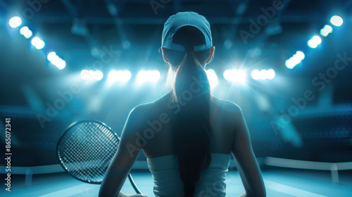 Female tennis player stands on the court under stadium lights, ready for a match, holding a racket. Intense and dramatic sports moment. rear perspective, poised for serve, focused stance, racket ready