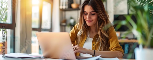 A young woman using a laptop to manage personal finances, clear light, sharp focus, high clarity.