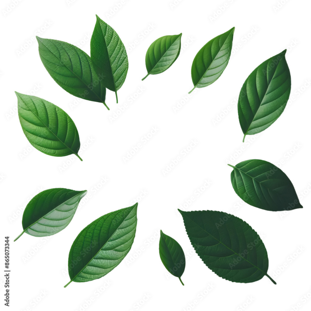 The image features a collection of twelve distinct green leaves, each showcasing unique shapes and vein patterns. The image features a collection of twelve distinct green leaves, each showcasing unique shapes and vein patterns.