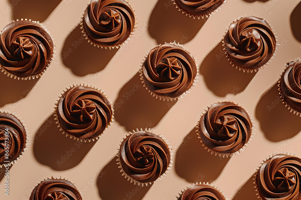 Cupcakes with chocolate frosting arranged in an orderly pattern on a beige background in a closeup shot with sharp shadows and a minimalist aesthetic. Cupcakes with chocolate frosting arranged in an orderly pattern on a beige background in a closeup shot with sharp shadows and a minimalist aesthetic.