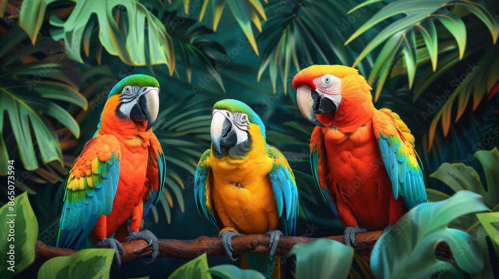 Fototapeta premium Vibrant illustration of three parrots perched on a branch, surrounded by lush green jungle foliage, highlighting tropical wildlife.