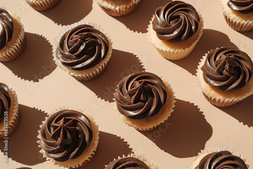 Cupcakes with chocolate frosting arranged in an orderly pattern on a beige background in a closeup shot with sharp shadows and a minimalist aesthetic.
