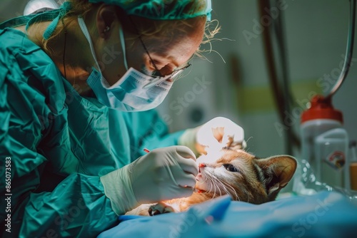 A cat being examined by a veterinarian in a hospital setting, A veterinarian performing surgery on a small animal with precision and care