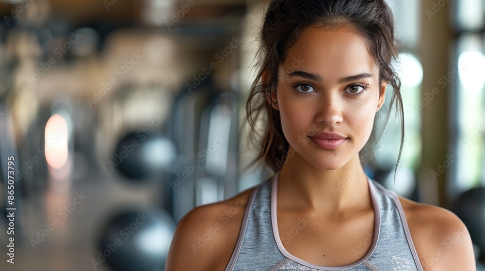 Confident Young Woman with Dark Hair in Sportswear at Gym, Focused and Determined
