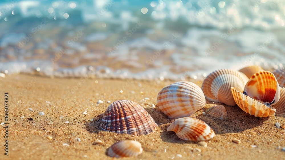 For a summer holiday background, seashells of various colors are scattered on a sandy beach.
