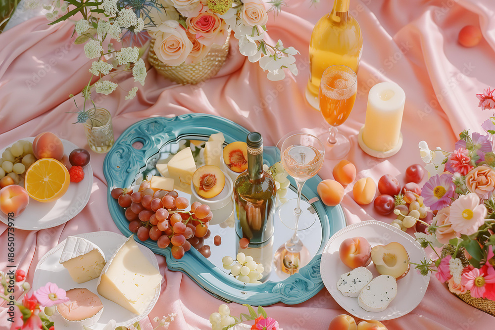flat lay photo of a picnic set up on a pink tablecloth, there is an ornate blue mirror tray with a mock-up bottle and glasses of wine in the center surrounded by small plates filled with cheese, grape flat lay photo of a picnic set up on a pink tablecloth, there is an ornate blue mirror tray with a mock-up bottle and glasses of wine in the center surrounded by small plates filled with cheese, grape