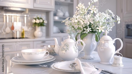 Wallpaper Mural A white teacup and teapot sit on a wooden table, surrounded by silverware and a napkin Torontodigital.ca