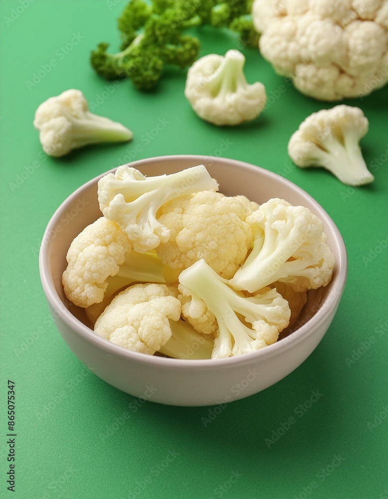 Fresh peeled cauliflower in bowl on green background Fresh peeled cauliflower in bowl on green background