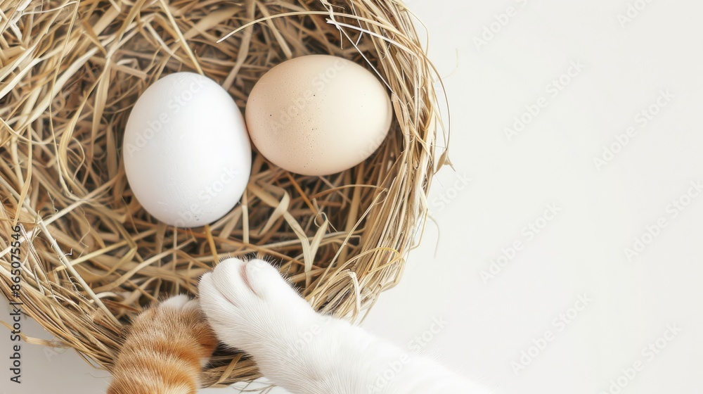A ginger cat sits near an empty woven basket with hay and two eggs on the ground outside. A ginger cat sits near an empty woven basket with hay and two eggs on the ground outside.
