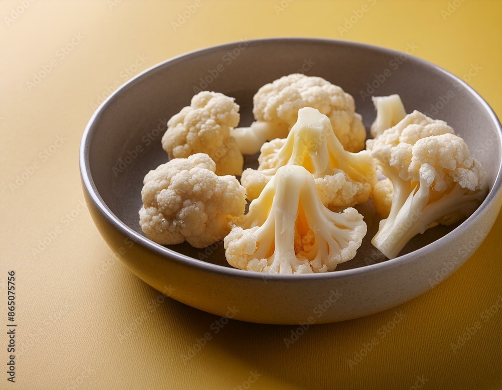 Fresh peeled cauliflower in bowl on yellow background Fresh peeled cauliflower in bowl on yellow background