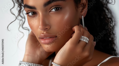 A stunning model showcases a white gold diamond ring and tennis bracelets.