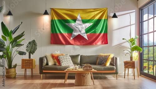 The flag of Myanmar (Burma) hangs in the living room at home. The flag is in house. photo