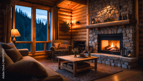Living room area in cabin at night with a warm glowing fireplace in cabin setting, crackling fire, feelings of warmth and peace, night time.