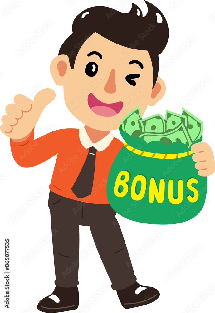 Cartoon businessman with big bag of bonus cash money for design.