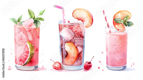 A watercolor illustration of three refreshing pink drinks with ice, fruit, and mint.