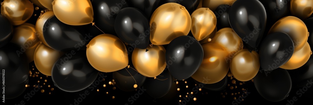 Fototapeta premium Golden and Black Balloons against a Dark Background