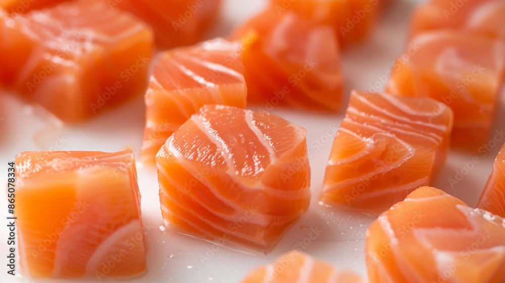 Salmon cut into cubes and placed on a white background. The focus is on a few cubes, while the rest are blurred.