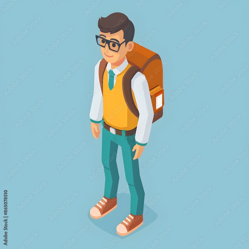 Fototapeta premium Stylish Cartoon Character of Male Student or Teacher in Casual Wear with Backpack and Laptop on