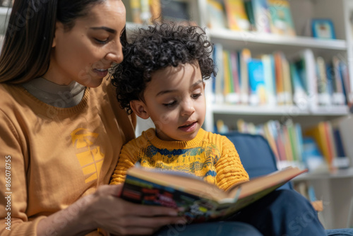 Mom reading a book with her young son at the library
