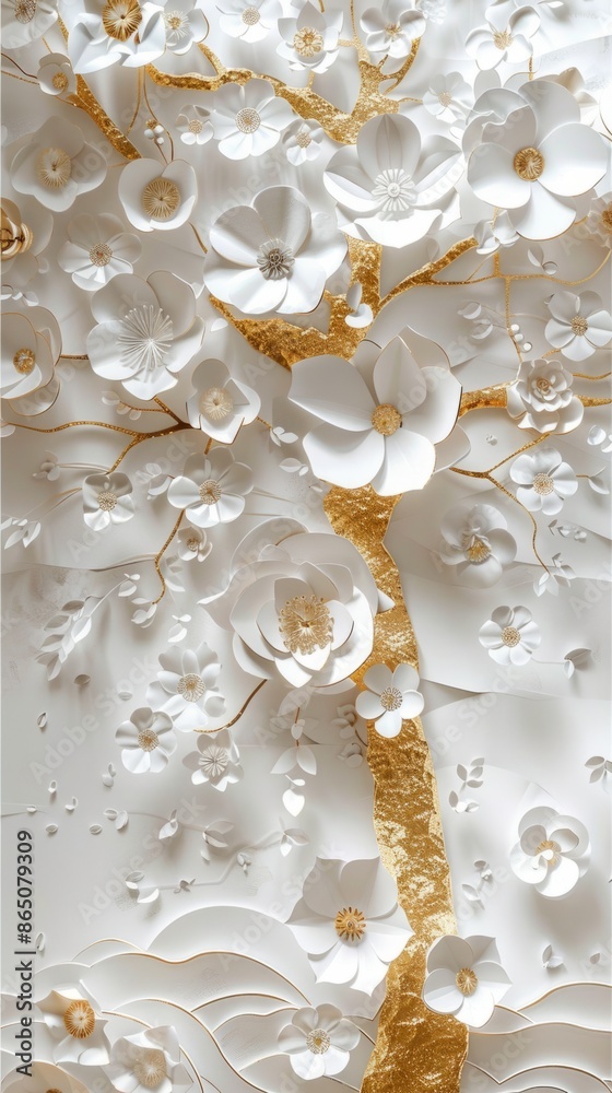 3D wallpaper, white background with a golden floral tree and many white flowers 3D wallpaper, white background with a golden floral tree and many white flowers