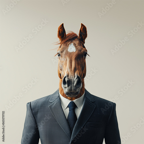 Portrait of a horse in a business suit on a grey background, 3D render, art creative, success concept 