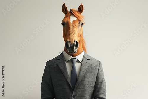 Portrait of a horse in a business suit on a grey background, 3D render, art creative, success concept  © Anna