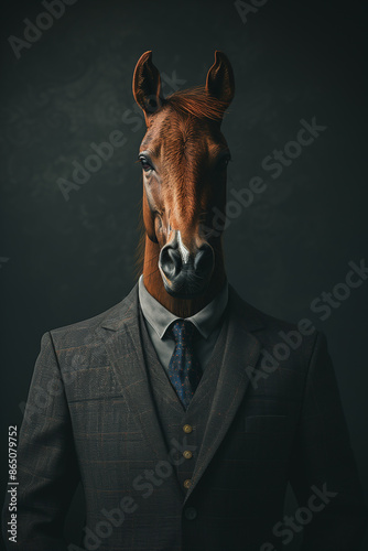 Portrait of a horse in a business suit on a dark background, 3D render, art creative, success concept 