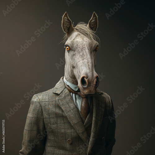 Portrait of a horse in a business suit on a dark background, 3D render, art creative, success concept  © Anna