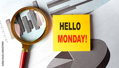 HELLO MONDAY text on sticky on chart background