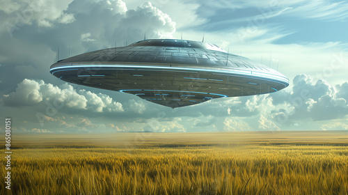  UFO spaceship hovering over field at countryside , Alien invasion concept 