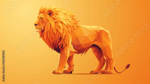 A geometric illustration of a lion standing proudly, depicted in shades of orange with a gradient background. photo