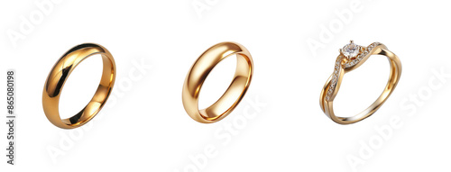 Collection classic gold wedding ring front view full length on transparency background PNG 