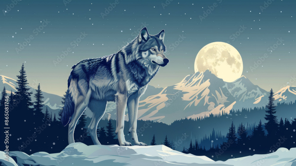 Illustration of a lone wolf standing in a snowy mountain landscape with a full moon in the background. Illustration of a lone wolf standing in a snowy mountain landscape with a full moon in the background.
