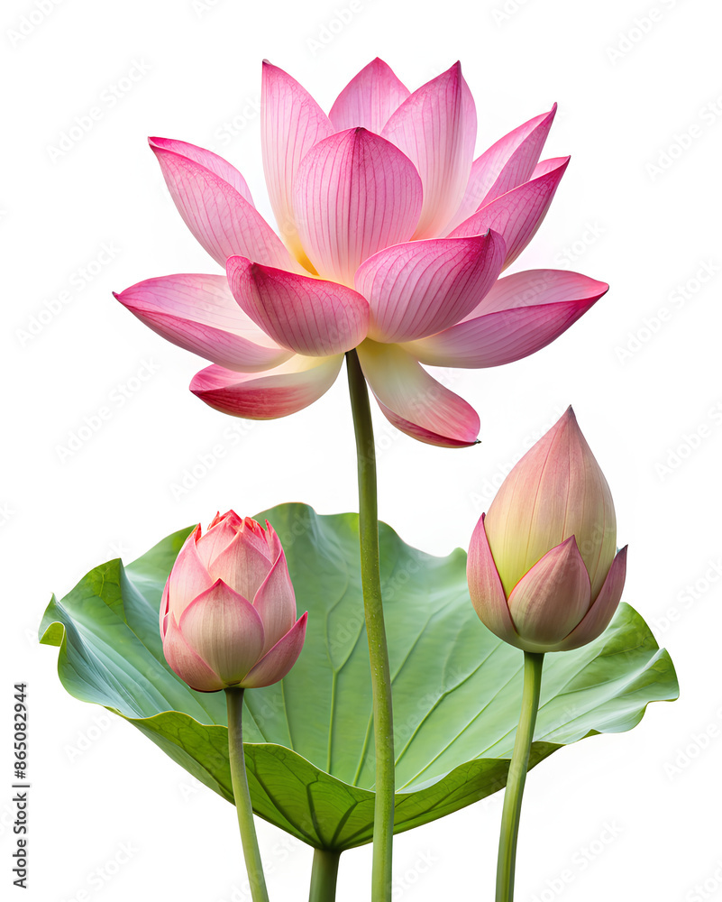 Lotus buds and blooming lotus, isolate on white background. Clipping path Lotus buds and blooming lotus, isolate on white background. Clipping path