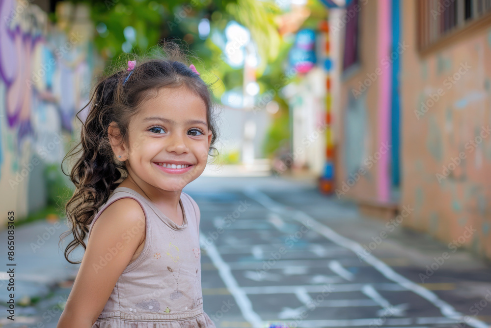 A young girl of Hispanic descent playing hopscotch on a sidewalk, beaming with happiness A young girl of Hispanic descent playing hopscotch on a sidewalk, beaming with happiness