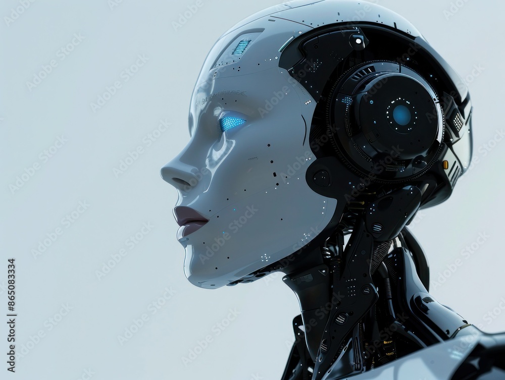 Close-up of a futuristic robot head with blue eyes. Close-up of a futuristic robot head with blue eyes.