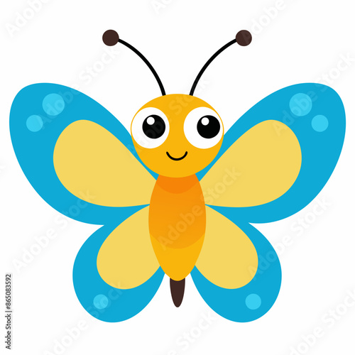 There is a cartoon butterfly with blue and yellow wings that is smiling happily