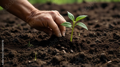 Hand with green young plant growing in soil on nature background, Hands of farmer growing and nurturing tree growing on fertile soil.