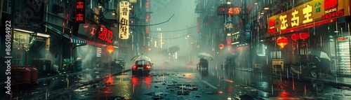 3D rendered isometric cyberpunk dystopia  dark alleys  neon signs  rainsoaked streets  futuristic gadgets  gritty environment  high detail